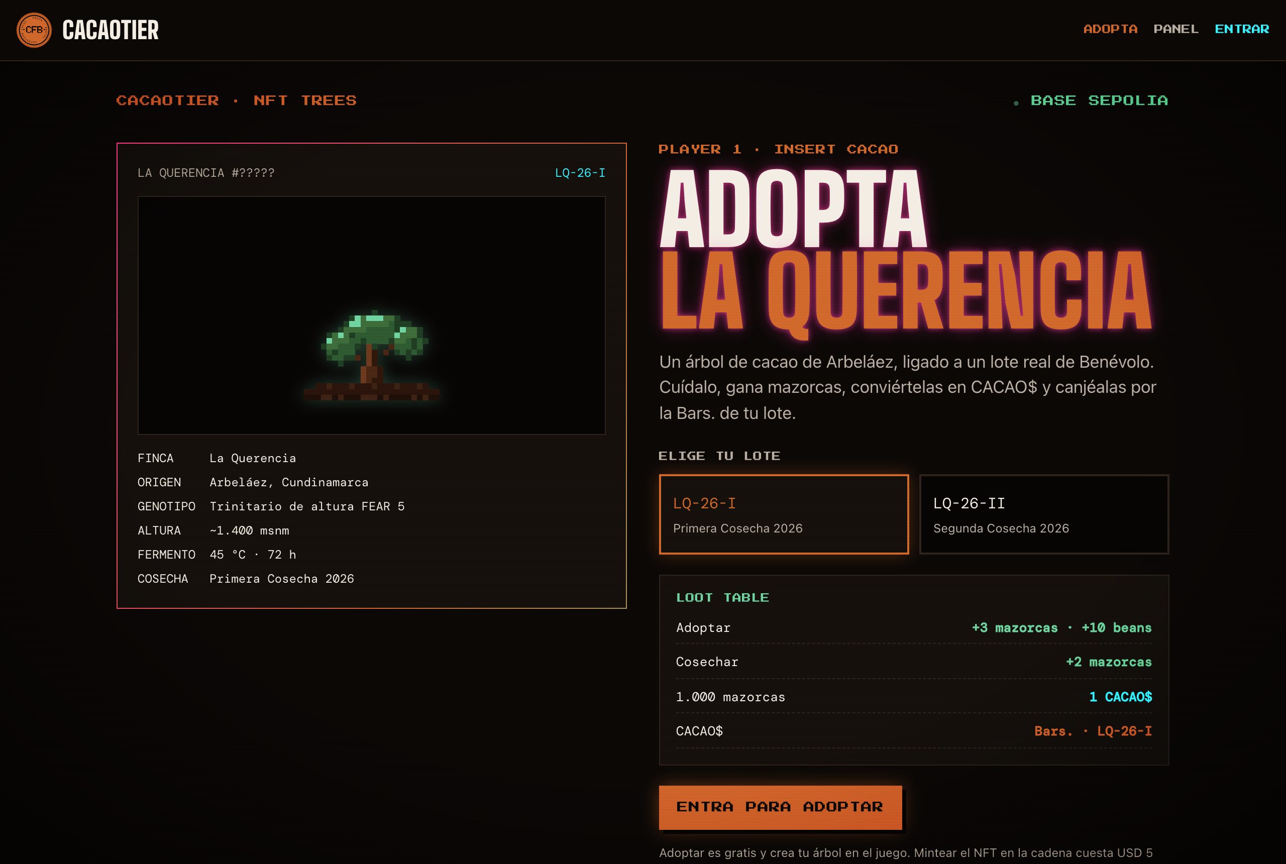 Pantalla Adopta La Querencia con la tarjeta NFT y el selector de lote